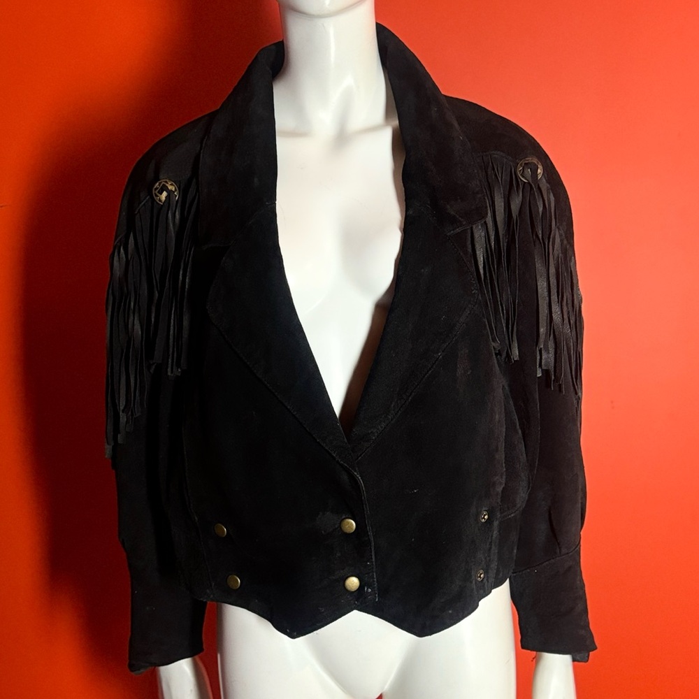 Vintage Black Suede Jacket with Fringe and Gold Accents